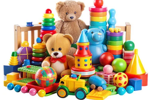 Happy kids sharing toys